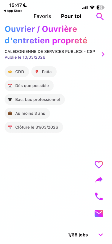 Capture d'écran de l'app Jobsurfer.nc montrant une offre d'emploi